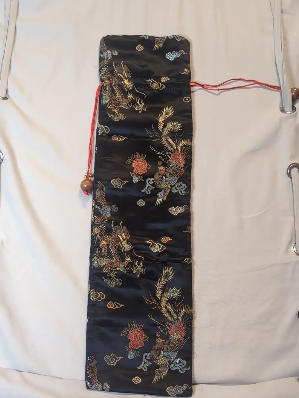 Silk Embroidered Black Drawstring Long Pouch